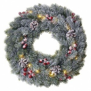 LED vianočný veniec zasnežený, 38 cm, 2x AA, vnútorný, 3000K, časovač (EMOS)