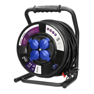 Professional cable reel, IP44, 4 sockets 2P+E (Schuko), rubber oil-resistant cord, H07RN-F