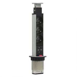 Zásuvka vysúvacia 3x230V, 2xUSB strieborná s káblom do zásuvky (GLOBIZ)