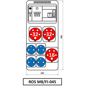 Rozvodnica 8M 16A+2x32A/400V/5P+4x250V FA+FI 8M istená IP54 - ROS M8/FI-045 (SEZ DK)