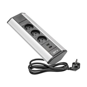 Zásuvka 3x230V 2xUSB 5V/2A, do rohu 90° kábel 1,5m (GTV)