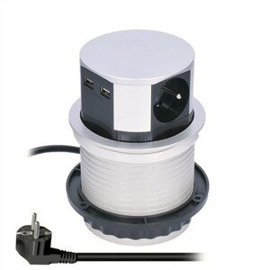 Nábytková zásuvka výsuvná okrúhla nízka, 3x zásuvka+2x USB, strieborná (SOLIGHT)