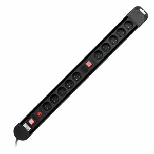 Napájacia lišta s 10 zásuvkami, 1,5m, 2x vypínač, 2x termospínač 16A / 230V, čierna (ORNO)