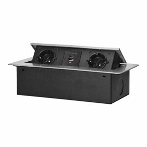 Zapustená nábytková zásuvka s fréz okrajom, 2x2P+E (Schuko),2xUSB (typ A,C; 3,6A), strieb.