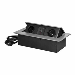 Zapustená nábytková zásuvka s fréz okrajom, 2x2P+E
, 2xUSB (typ A+C), 1,5m kábel, striebor