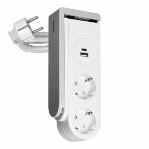 Stolový predlžovací kábel s USB nabíjačkou a pružinovou sponou, verzia Schuko, biela