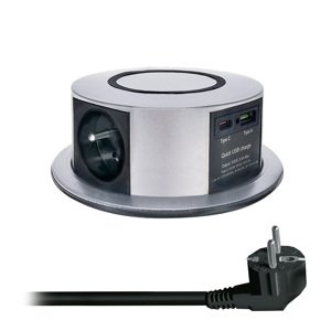 Solight 3z + USB A+C 20W PD, Wireless 10W, výsuvný blok zásuviek, 2m, strieborný