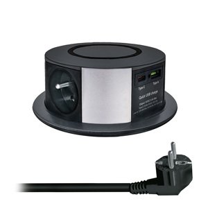 Solight 3z + USB A+C 20W PD, Wireless 10W, výsuvný blok zásuviek, 2m, čierny