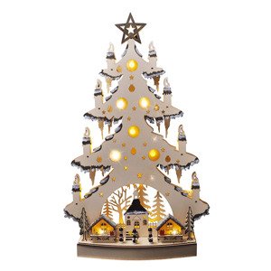 Solight LED drevený vianočný stromek s dekoráciami, 23x LED, prírodná farba, 64cm, 2x AA