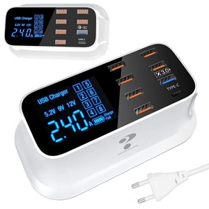 Adaptér, nabíjačka  8xUSB QC 3.0 TYP C 5V max 40W  s displejom  (Hadex)