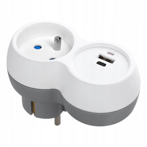 Rozbočka  2P+E s USB-A+C nabíjačka,bielo-sivá